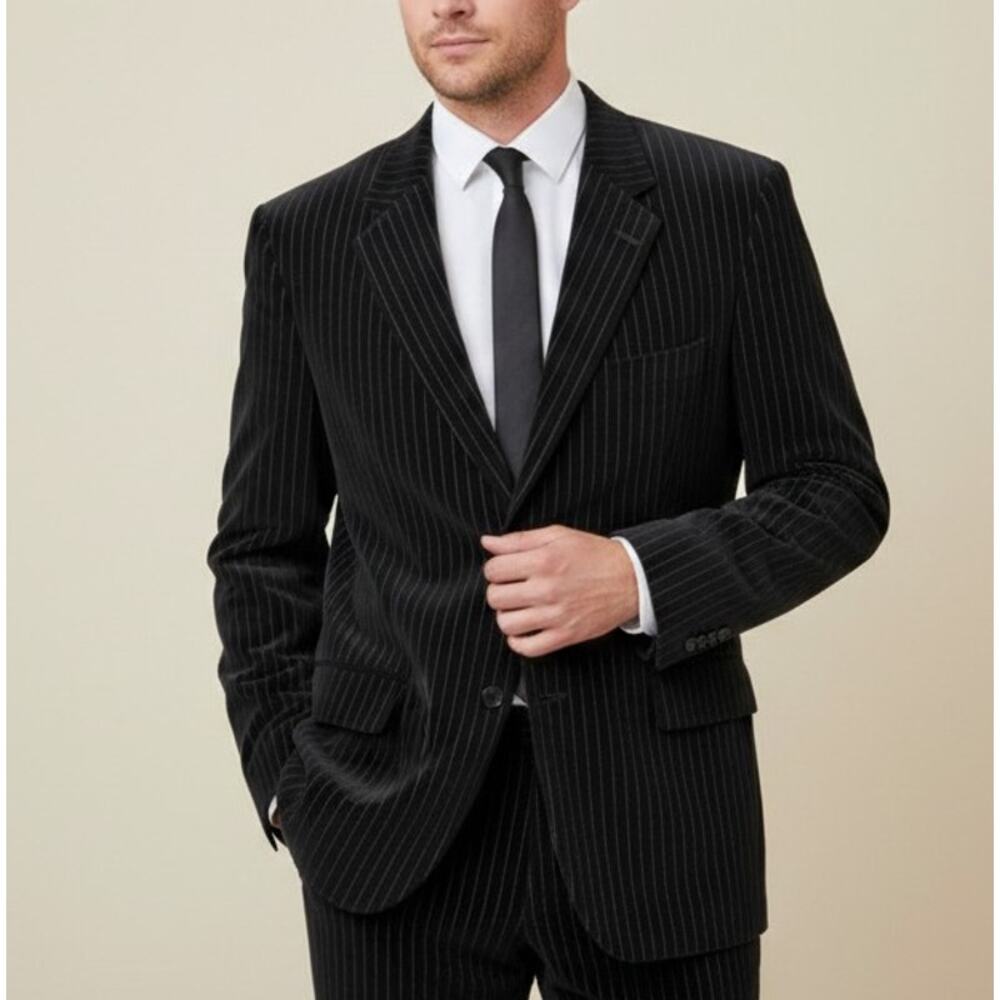 Midtown Man Black Pinstripe Corduroy Velvet Blazer 44L Retro
